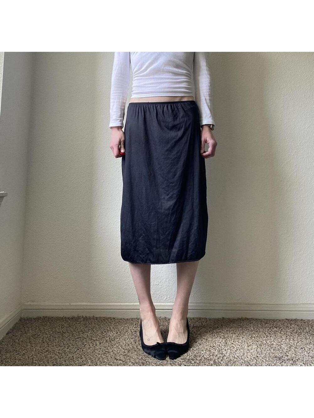 Vintage 90s low rise black silky slip midi skirt